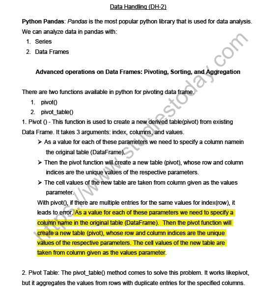 CBSE Class 11 Information Practice Data Handling Notes